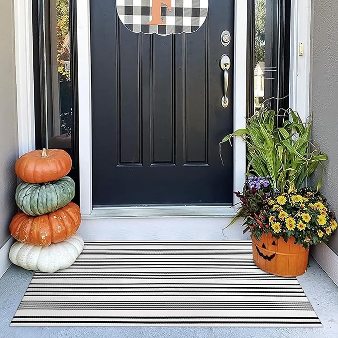 OJIA Black and White Outdoor Rug 2'x4.3', Fall Door Mats Outdoor Cotton Woven Halloween Doormat Front Porch Rug Machine Washable Indoor Door Mat Entryway Striped Rugs for Farmhouse/Kitchen