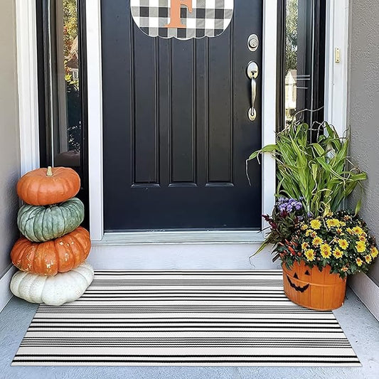 OJIA Black and White Outdoor Rug 2'x4.3', Fall Door Mats Outdoor Cotton Woven Halloween Doormat Front Porch Rug Machine Washable Indoor Door Mat Entryway Striped Rugs for Farmhouse/Kitchen
