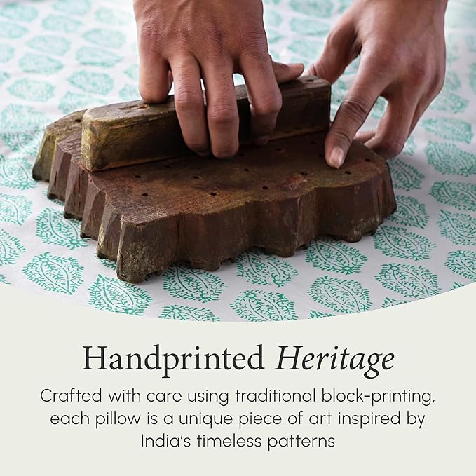 CPC 100% Cotton Throw Pillow Covers 20x20 Inch, Set of 2 Green Block Print Pattern Couch Pillow, Cute Boho Decorative Pillows for Living Room, Bedroom with Hidden Zipper- Sea Green