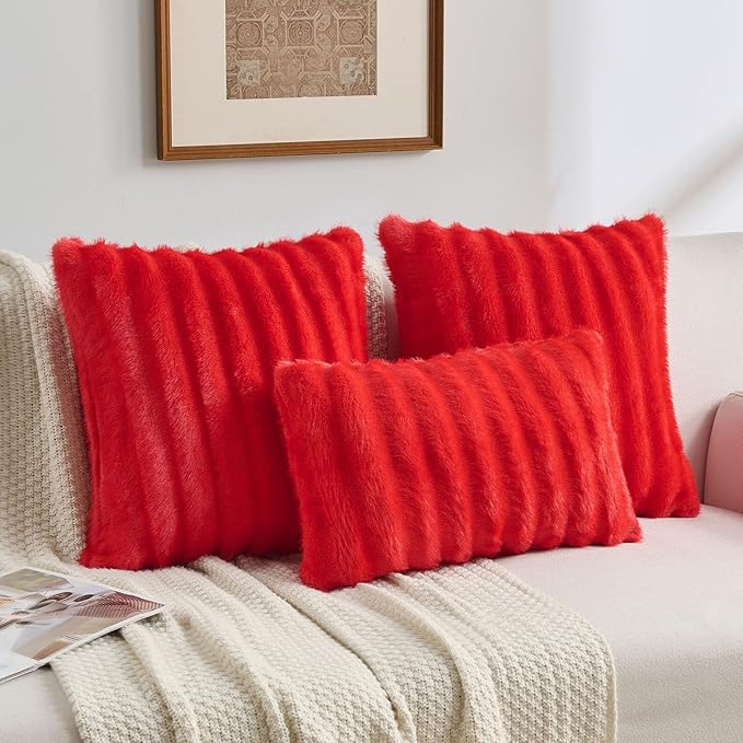 FUTEI Red Decorative Throw Pillow Covers 20x20 Inch Set of 2,Soft Fluffy Faux Mink Fur Dyeing Striped Textured Cushion Case,Modern Home Decor for Couch Bed Living Room