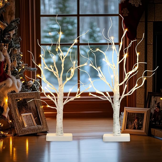 Vanthylit 2 Pcs Lighted Birch Tree Battery Powered Tabletop Tree Decorations for Home Fireplace Party Christmas Decorations (22 Inch)