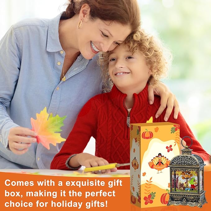 Fall Decor Snow Globe Lantern, Thanksgiving Decoration Swirling Glitter Gnome Snow Globe with Turkey, Harvest Day Gifts, Home Fall Halloween Decor