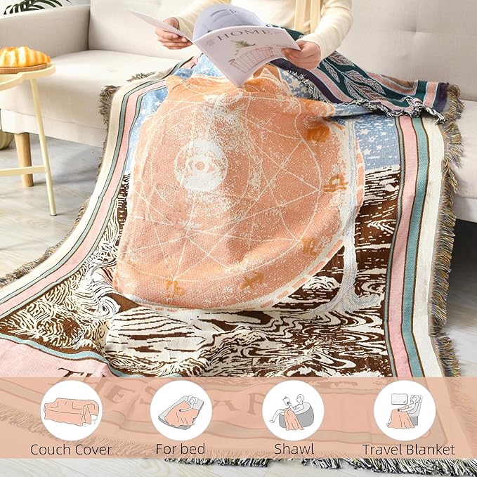 Boho Throw Blanket Reversible Cotton Bohemian Tapestry Hippie Room Decor Double Sided (Boho The Star 50"x60")