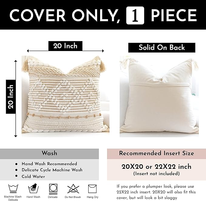 Cream White Boho Throw Pillow Cover 20X20, Boho Woven Textured Pillow Cover, Neutral Pillow Cover, Sofa Couch Bed Farmhouse Lumbar Pillow (Cover ONLY)