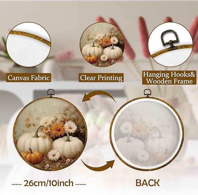 Mcehtle Vintage Fall Pumpkin Wall Art Decor, Retro Autumn Harvest White Pumpkin Floral Framed Canvas Prints 10x10, Rustic Farmhouse Round Wall Hanging Artwork Decorations for Bedroom Living Room Home