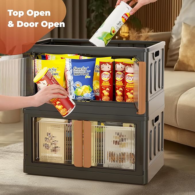 GCCSJ 76Qt Stackable Plastic Storage Boxes with Lids, Foldable Closet Organizers and Storage Containers with Wheels, Collapsible Storage Bins for Home Organization, 3 Pack Black