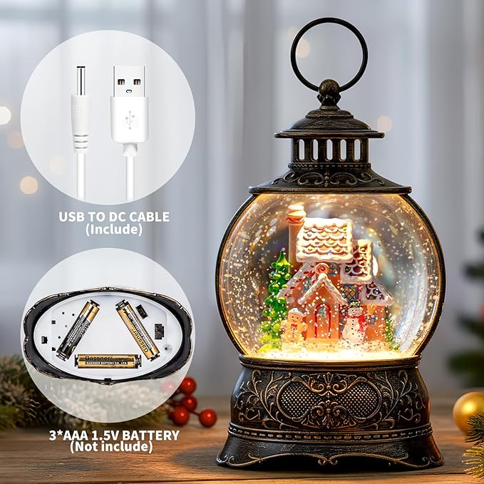 Christmas Snow Globe Lighted Gingerbread House Scene, Musical Snow Water Lantern Swirling Glittering Home Decoration and Gift, Battery Operated or USB Powered