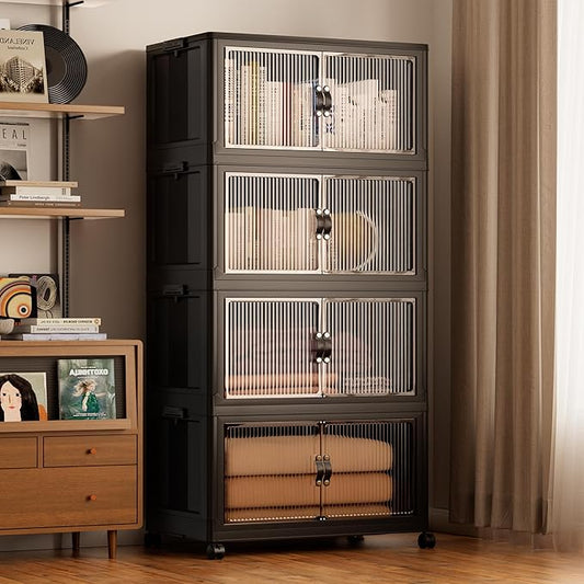 Jalove 120Gal Large Storage Bins with lids, 480QT Plastic Stackable Containers with Wheels, Collapsible Closet Organizer and Storage Drawers,Clothes Organization for Cabinet Home, 4Pack Black