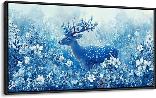 JEAWA Framed Canvas Wall Art - Extra Larte Spring Landscape Flower Wall Painting with Reindeer in Forest 24x48 IN Wildlife Deer Picture Wall Decor for Living Room Bedroom Kitchen Office Bathroom