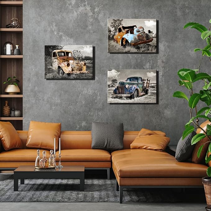 YUANAND Rusty Truck Canvas Wall Art - Vintage Blue Car Pictures Living Room Decor - Country Style Artwork Framed Posters Paintings