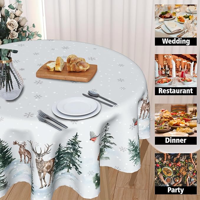 Winter Christmas Round Tablecloth 60 Inch Winter Snow Tree Deer Decorative Table Cloth Winter Holiday Table Cover for Christmas Party Kitchen Dining Room Holiday Picnic Home Indoor Outdoor Decor