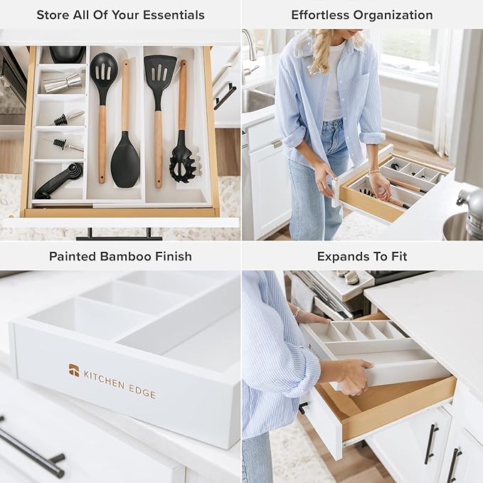 Adjustable Kitchen Drawer Organizer for Utensils and Junk, Food-Safe Contract Grade with 100% Sustainable Wood, Expandable from 10.5 to 19 Inches Wide - White Bamboo