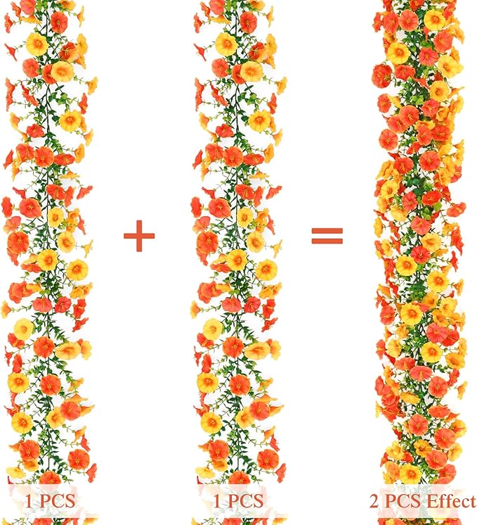 Dremisland Fall Artificial Flowers Garland 2Pcs 5.9Ft Artificial Fall Morning Glory Flower Vines UV Resistant Orange Yellow Hanging Autumn Floral Vines for Home Garden Wedding Party Thanksgiving Decor