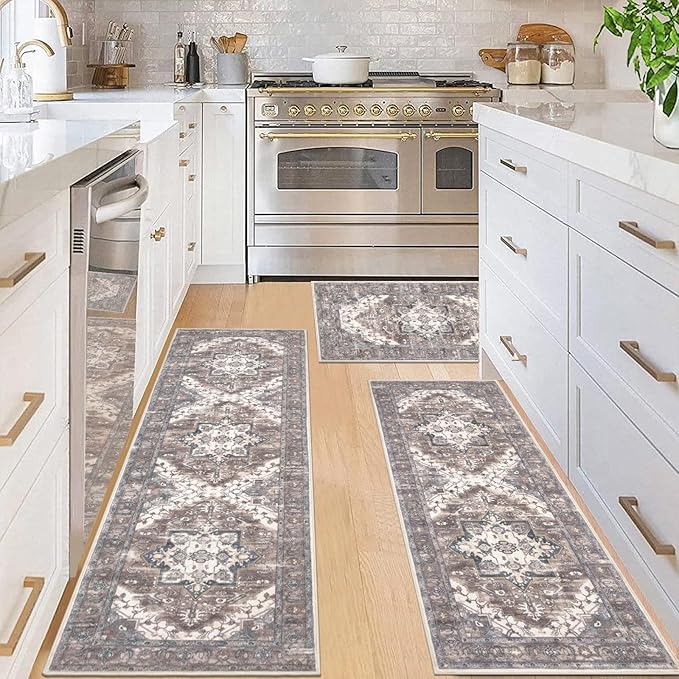 Pauwer Kitchen Mats for Floor 3 Piece Set Boho Non Slip Kitchen Rugs Washable Farmhouse Kitchen Floor Mats Thick Long Kitchen Throw Area Rug Carpet Runner for Hallway Laundry Bathroom, Grey Brown