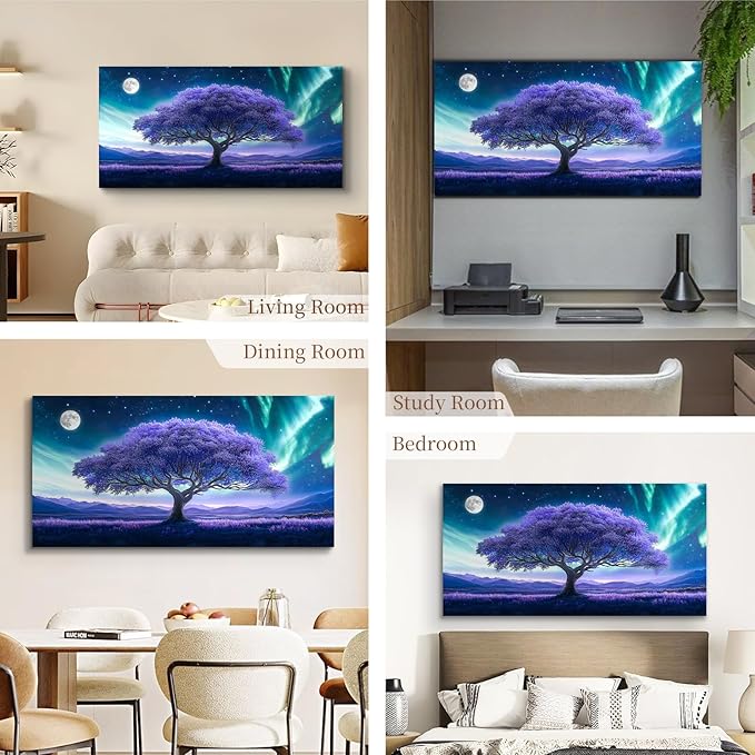 crmotu Tree of Life Large Wall Art for Living Room, Purple Tree Art Prints, Aurora Landscape Canvas Painting, Surreal Art Wall Pictures for Bedroom Bathroom, Modern Office Decor Artwork 24X48in