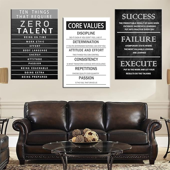 Office Inspirational Canvas Wall Art Core Values Quote Motivational Wall Decor Zero Talent Poster Picture Print 3 Panels Modern Inspiring Painting Artwork for Living Room Home Decor [72''Wx 36''H]