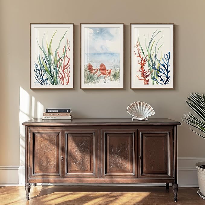 Framed Coastal Colorful Coral Wall Art for Living Room, 3 Piece Beach Ocean Seascape Artwork for Walls, Large Watercolor Marine Plants Pictures Prints for Bedroom Hallway Kitchen Wall Decor, 16x24 In