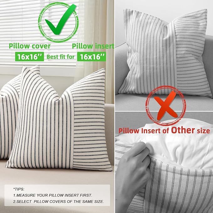 Farmhouse Pillow Covers 16x16, Modern Accent Square Throw Pillow Covers Set of 2, Black and Beige Striped Patchwork Linen Decorative Pillows Cushion Covers for Couch Chair Bedroom Fall Decorations