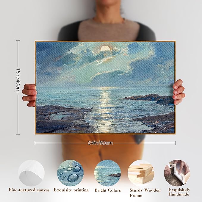 crmotu Landscape Framed Wall Art, Coastal Scenery Vintage Canvas Prints, Moonlit Night Aesthetic Decor Pictures, Blue Ocean French Country Wall Paintings for Living Room Bedroom Bathroom 16x24in