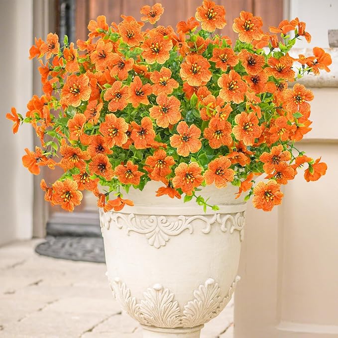 Agusbagli 10 Bundles Artificial Fall Flowers Outdoor UV Resistant Autumn Fake Flowers No Fade Faux Plastic Greenery Shrub Plants for Wedding Garden Window Box Fireplace Thanksgiving Home Decor, Orange