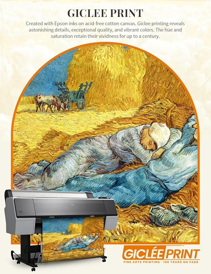 DECORARTS - Noon: Rest from Work, Vincent Van Gogh Art Reproduction. Acid Free Cotton Canvas Giclee Print w/Bronze Frame&Mat for Wall Decor.