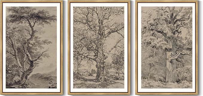 KUVIOKE Boho Vintage Tree Wall Art Framed Neutral Retro Forest Art Prints Antique Rustic Nature Wilderness Paintings Bedroom Hallway Decor 24x36in (Natural Framed)