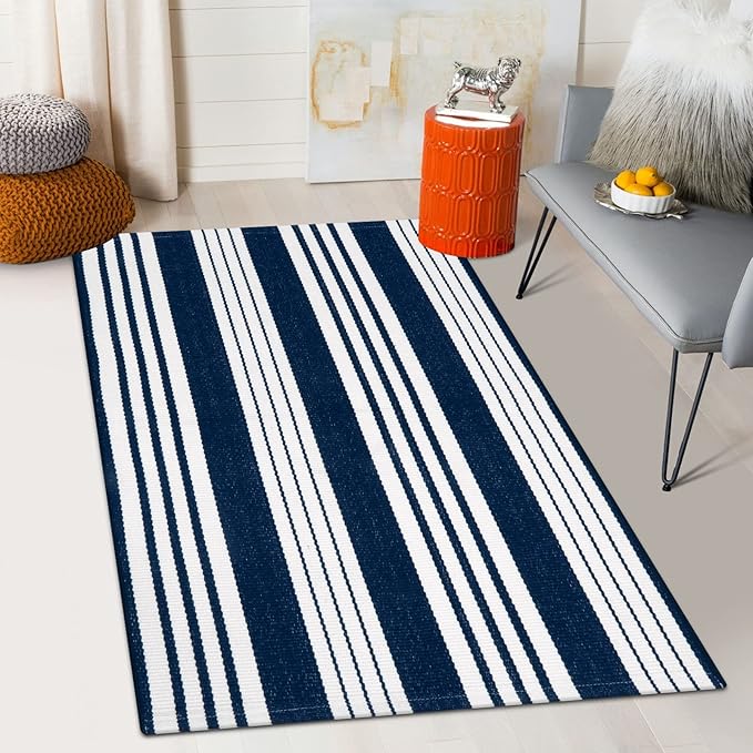 OJIA Blue and White Outdoor Rug 3’x5‘ Cotton Woven Fall Striped Front Porch Rug Machine Washable Indoor Outdoor Rugs Farmhouse Entry Rug Layered Door Mat for Entryway/Kitchen/Laundry/Living Room