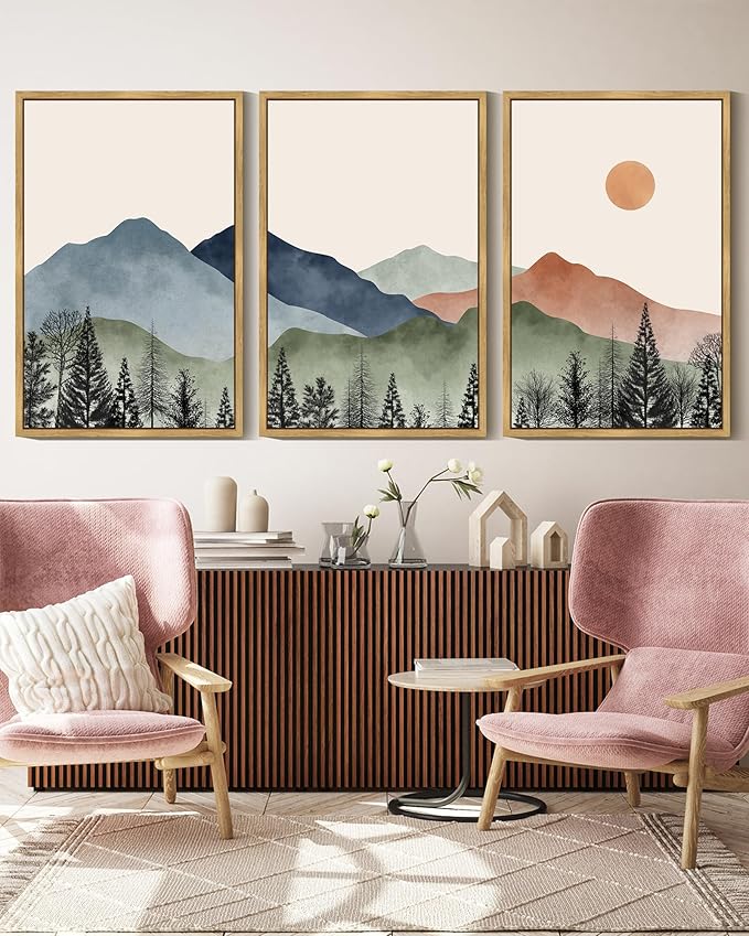 KUVIOKE Mountain Landscape Framed Wall Decor Boho Sun Rise Watercolor Nature Art Prints Farmhouse Rustic Bedroom Dining Living Room Decor 16x24in (Natural Framed)