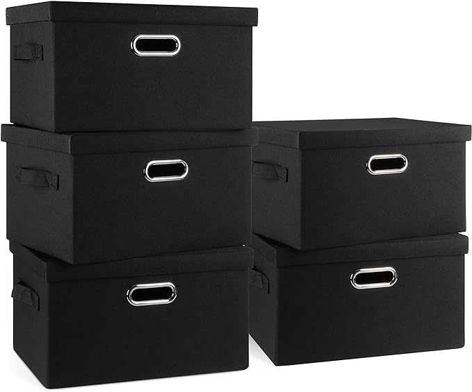 Medium 15" 21 Quart Collapsible Stackable Storage Bins with Lids, 5 Packs Black Foldable Fabric Closet Storage Boxes with Lids, Lidded Heavy-duty Linen Baskets(15x11x8)