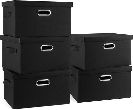 Medium 15" 21 Quart Collapsible Stackable Storage Bins with Lids, 5 Packs Black Foldable Fabric Closet Storage Boxes with Lids, Lidded Heavy-duty Linen Baskets(15x11x8)