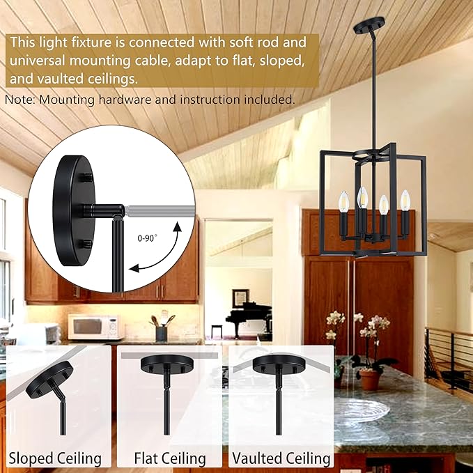 Leading Lighting 4 Light Rustic Kitchen Island Farmhouse Hanging Chandelier Light Fixture,with Black Finish Metal Frame for Entryway Dinning Room Bedroom