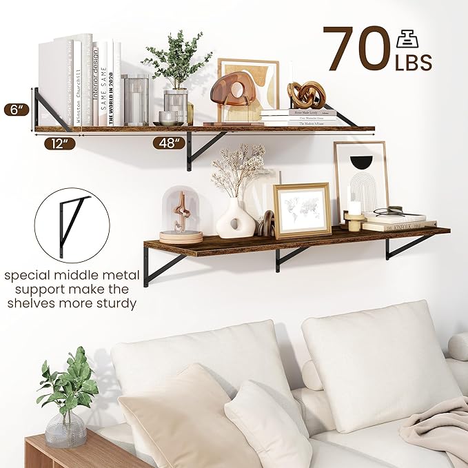 Fun Memories Floating Shelves for Wall, 12 Inch Deep Floating Shelves Set of 2, 48W x 12D Large Wall Shelf with Sturdy Metal Brackets for Living Room, Bathroom, Bedroom and Kitchen, Rustic Brown