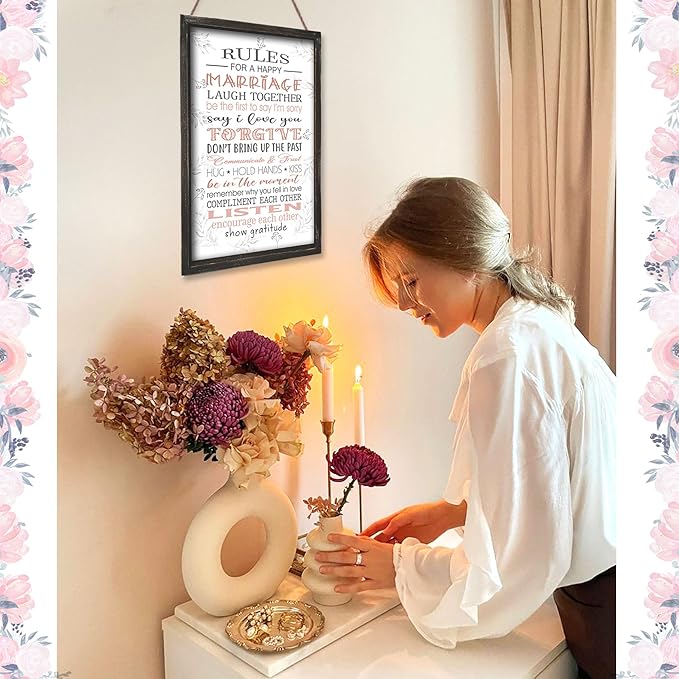 Rules for A Happy Marriage Framed Wall Plaque in Solid Wood Material 16x9.5 Inches Vertical - Bridal Shower Gift for Couples Wife Husband - Affirmation Motivational Inspiring Home Decor Newlywed