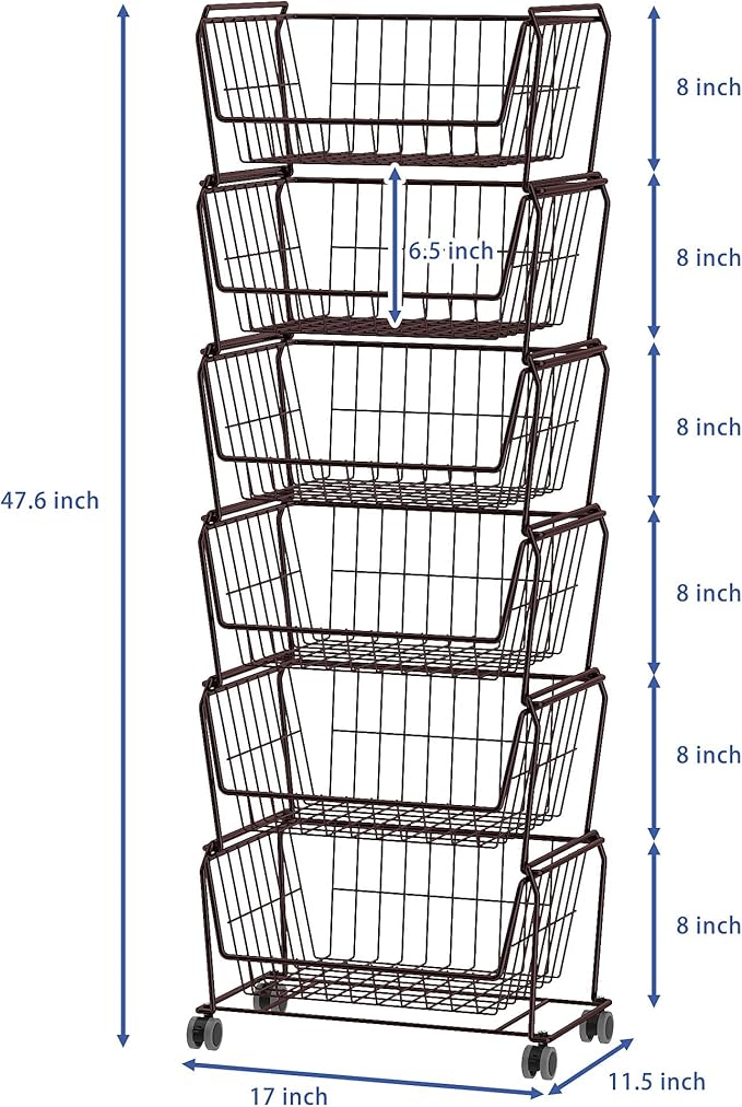 PUSDON Stackable Metal Storage Carts, Dual Use Shelf for Kitchen Fruit Vegetable Baskets with Wheels, Storage Rack for Living Room, Home & Office, Standard Bronze 6 Tiers