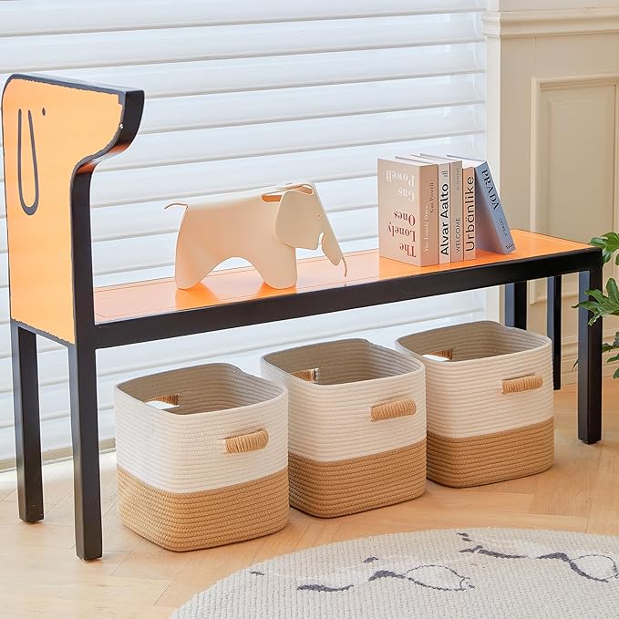 Storage Cube Baskets for Organizing -3 Pack -11 inch Square Baskets for Cube Storage, Closet Storage Bins-Woven Cube Storage Bins for Shelves- Ideal for Toy Storage |White & Khaki