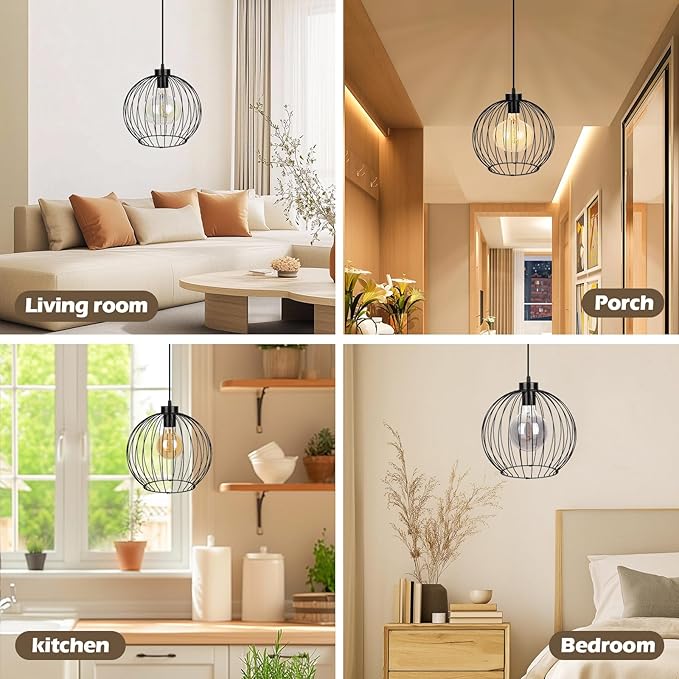 Black Ball Modern Industrial Chandelier – DIY Metal Cage Pendant Light Fixture, E26 Base (No Bulb), Assembly Required, for Living Room, Kitchen, Dining Room, Bedroom, Farmhouse, Bar, Café