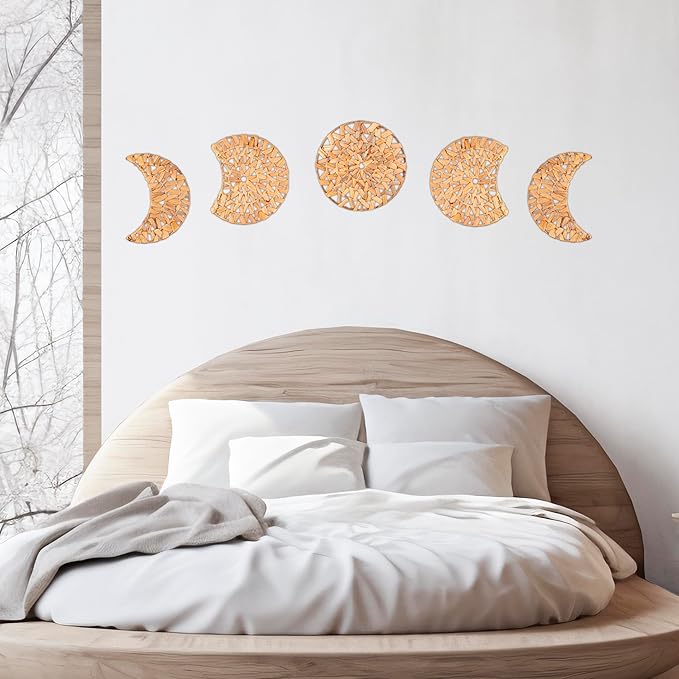 PEMAR Woven Moon Phase Wall Decor - 5-Piece Set of Natural Water Hyacinth Art for Boho & Rustic Homes