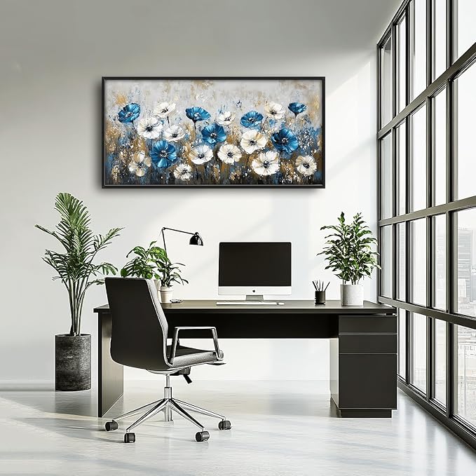 Flintis Large Blue and White Flowers Framed Wall Art Floral Pictures Wall Decor Abstract Landscape Canvas Painting Print Artworks Decor Framed for Living Room Bathroom Master Bedroom 60L X 30W