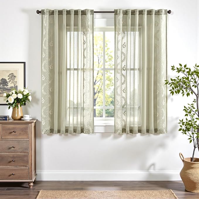 jinchan Belrose Sage Green Floral Sheer Curtains for Bedroom 63 Inch Long Voile Embroidered Farmhouse Curtains for Living Room Ivory Flower Patterned Rod Pocket Window Treatments, 2 Panels Green