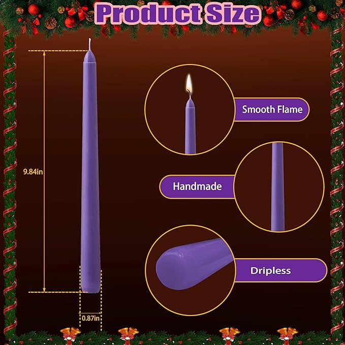 Advent Candles Set of 6, Dripless Advent Taper Candles with 3-Purple 1-Pink 2-White, Christmas Advent Taper Candle 10 Inch Long for Holidays, Celebrations, Devotional, Church, Wreath