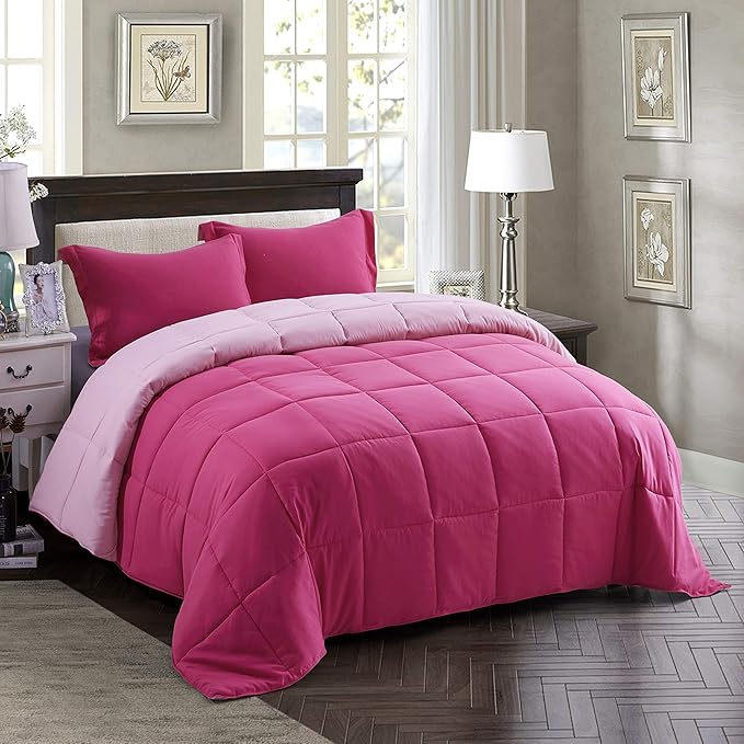 HIG 3pc Pink Queen Comforter Set Duvet Insert, Reversible, All Season, Box Stitched, with Corner Tabs, Soft, Fluffy