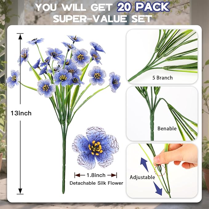 20 Bundles Artificial Flowers for Outdoors Decorations, Fake Flowers Faux Plants Silk Colorful Daisy Flowers Realistic UV Resistant for Garden Patio Porch Box Home Decor (Blue)