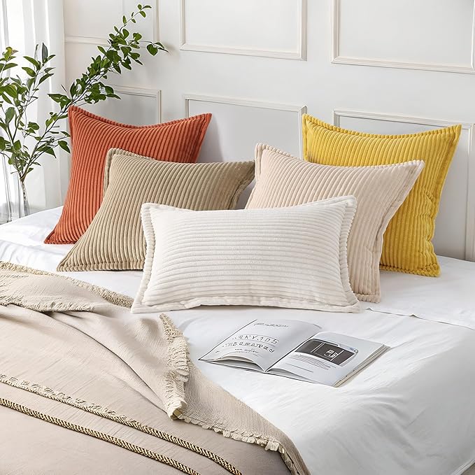 Mecatny Corduroy Fall Throw Pillow Covers 24x24 Set of 2, Neutral Decorative Soft Burnt Orange Boho Couch Pillow Covers with Broadside for Sofa Living Room, Rust
