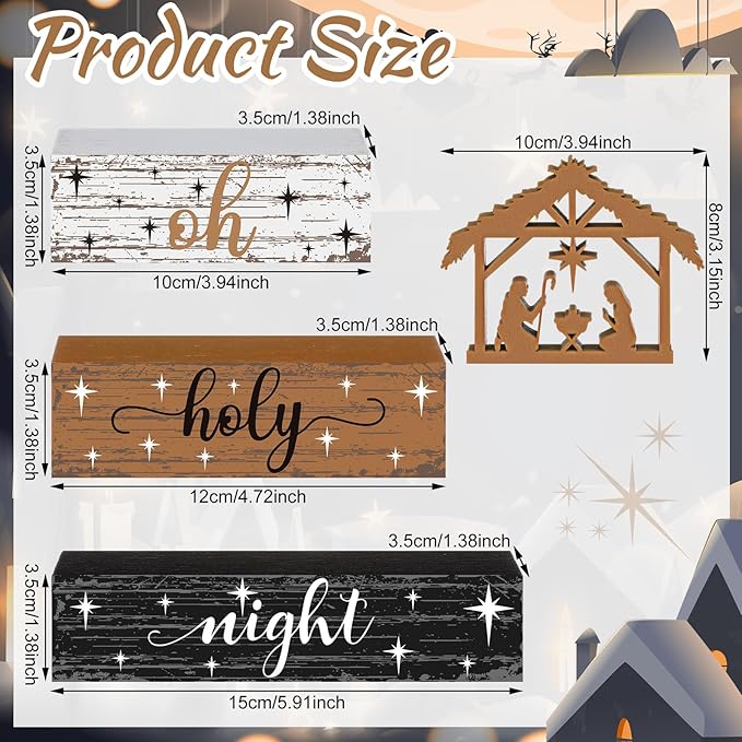 Geelin 4 Pieces Christmas Nativity Scene Table Decorations Xmas Wooden Silent Night Block Signs Holy Night Tabletop Centerpieces Farmhouse Tiered Tray Decor for Home Table Kitchen Shelf