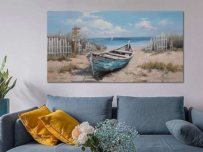 Ardemy Blue Coastal Canvas Wall Art for Living Room Textured Beach Painting Turquoise Teal Bedroom Picture Modern Boat Artwork Framed Home Office Kitchen Bathroom Wall Decor, Large 40"x20"