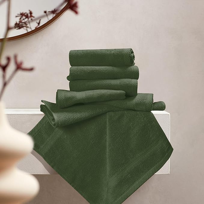 GLAMBURG Ultra Soft 12-Piece Washcloths Set 13x13-100% Ringspun Cotton - Durable & Highly Absorbent Face Towels - Ideal for use in Bathroom, Kitchen, Gym, Spa & General Cleaning - Olive Green