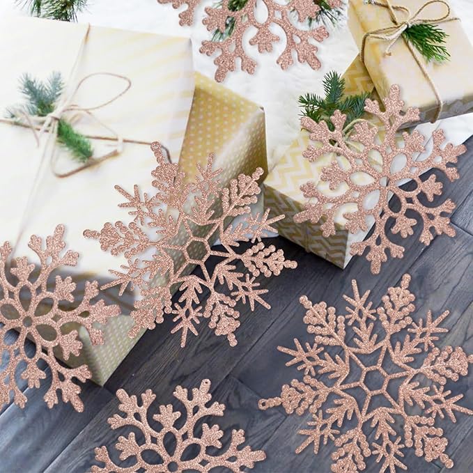 6pcs Large Snowflakes Ornaments Rose Gold 12” Big Plastic Glitter Snowflake for Winter Indoor Outdoor Christmas Tree Window Room Decorations Giant Craft Snowflakes