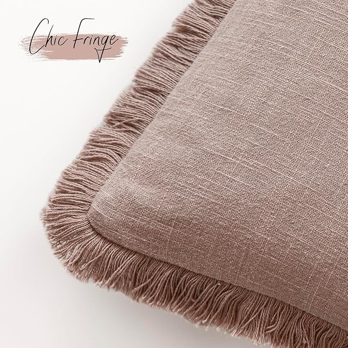 Foindtower Set of 2 Decorative Linen Fringe Throw Pillow Covers Cozy Boho Farmhouse Cushion Cover with Tassels Accent Pillowcase for Couch Sofa Bed Living Room Home Decor,26×26 Inch,Dusty Pink