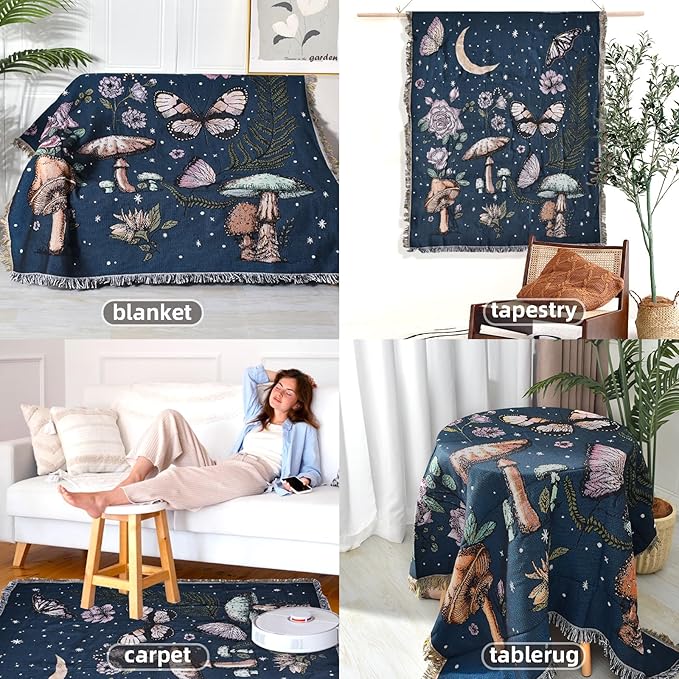 Boho Throw Blanket Reversible Cotton Bohemian Tapestry Hippie Room Decor Double Sided (Mushroom 50"x60")