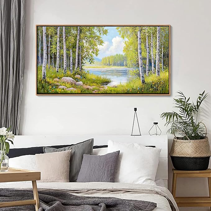 Forest & Mountain Wall Art Green Framed Nature Landscape Pictures for Living Room, Bedroom & Office Large Paintings Wall Decor Tree, Lake, and Mountain Artwork for Wall Decor 20x40IN